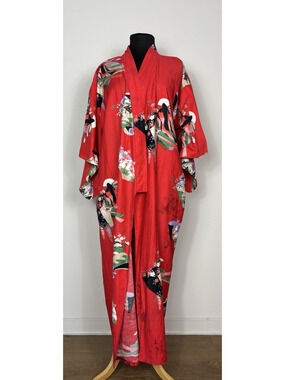 Vintage Japanese Cotton Yukata Kimono Robe Red Geisha Floral Print One Size